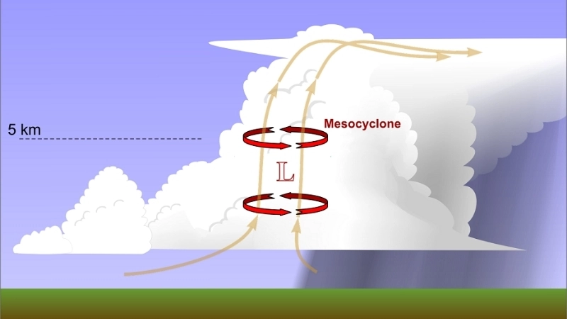  Mô phỏng mesocyclone – vùng không khí xoáy tròn bên trong đám mây dông