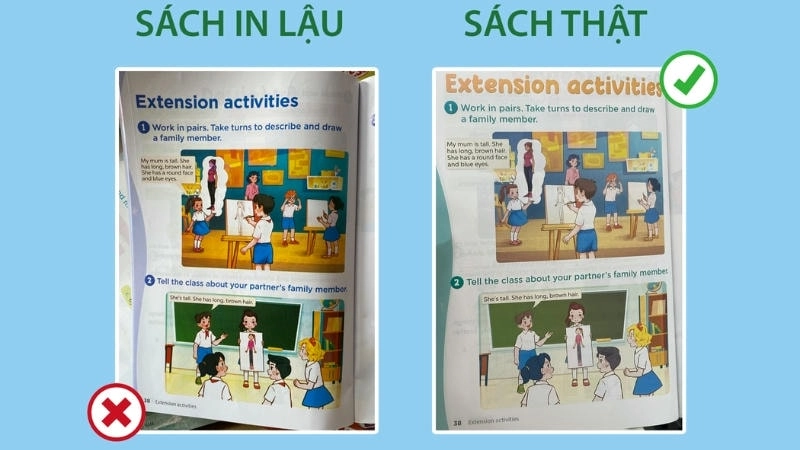 Bìa sách thật thường có màu sắc tươi sáng, hình ảnh sắc nét, chữ in rõ ràng
