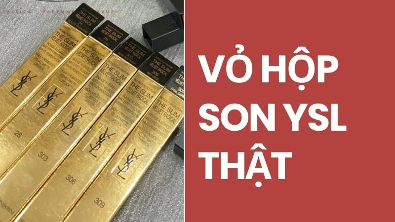  Cận cảnh vỏ hộp son YSL thật với các chi tiết in ấn sắc nét, rõ ràng