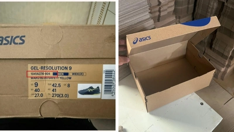 Hộp giày ASICS chính hãng có logo và thông tin in rõ nét