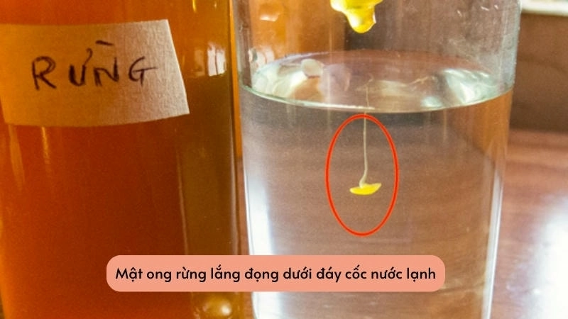 Mật ong rừng lắng đọng dưới đáy cốc nước lạnh
