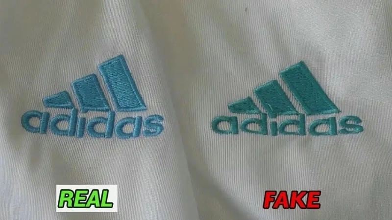  So sánh logo Adidas chính hãng và logo làm giả, chú ý độ sắc nét và tỷ lệ