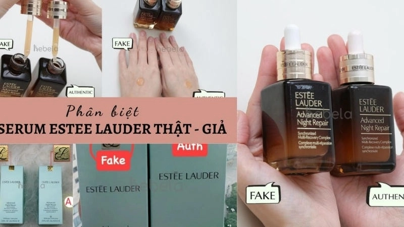 So sánh vỏ hộp Estee Lauder thật và giả, chú ý màu sắc và độ sắc nét của logo
